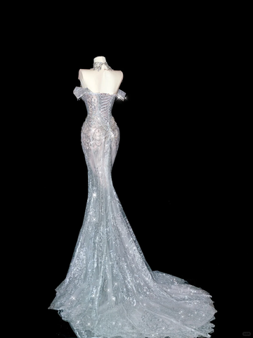 White Elegant Mermaid Off the Shoulder Beaded Lace Long Prom Dress Party Dress HZ1023